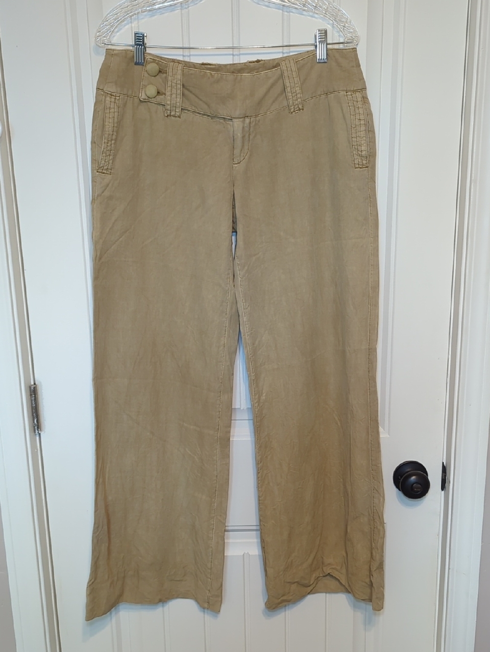 High-Rise Wide Leg Tan Pants with Side Button Detail